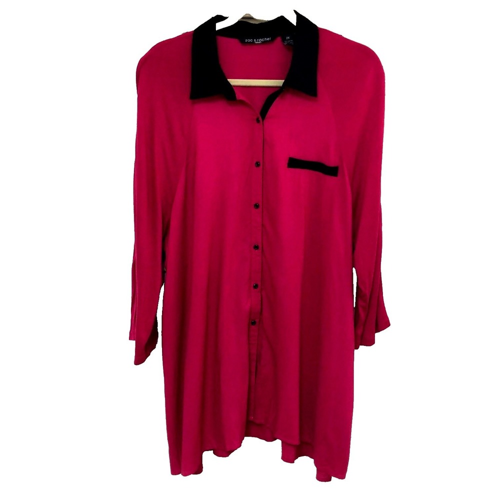 Zac & Rachel Womens Tunic Blouse Women Magenta Elbow Slv Button Up Feminine 2X